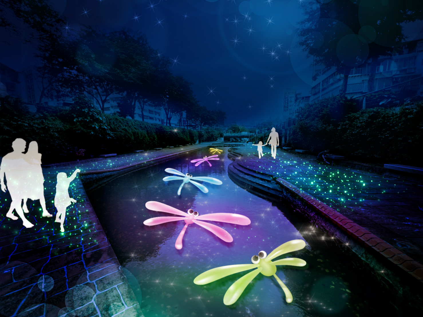  蜻蜓分散坐落，繽紛點綴河岸(模擬圖)