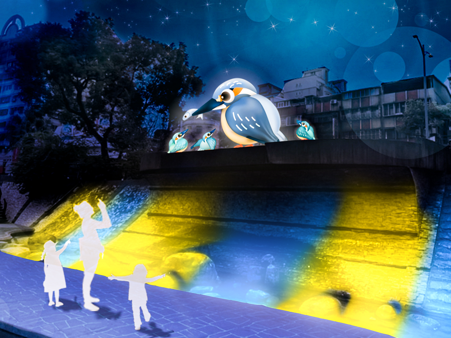 翠鳥佇立於平台上搜索獵物，靜候魚蝦的靠近(模擬圖)