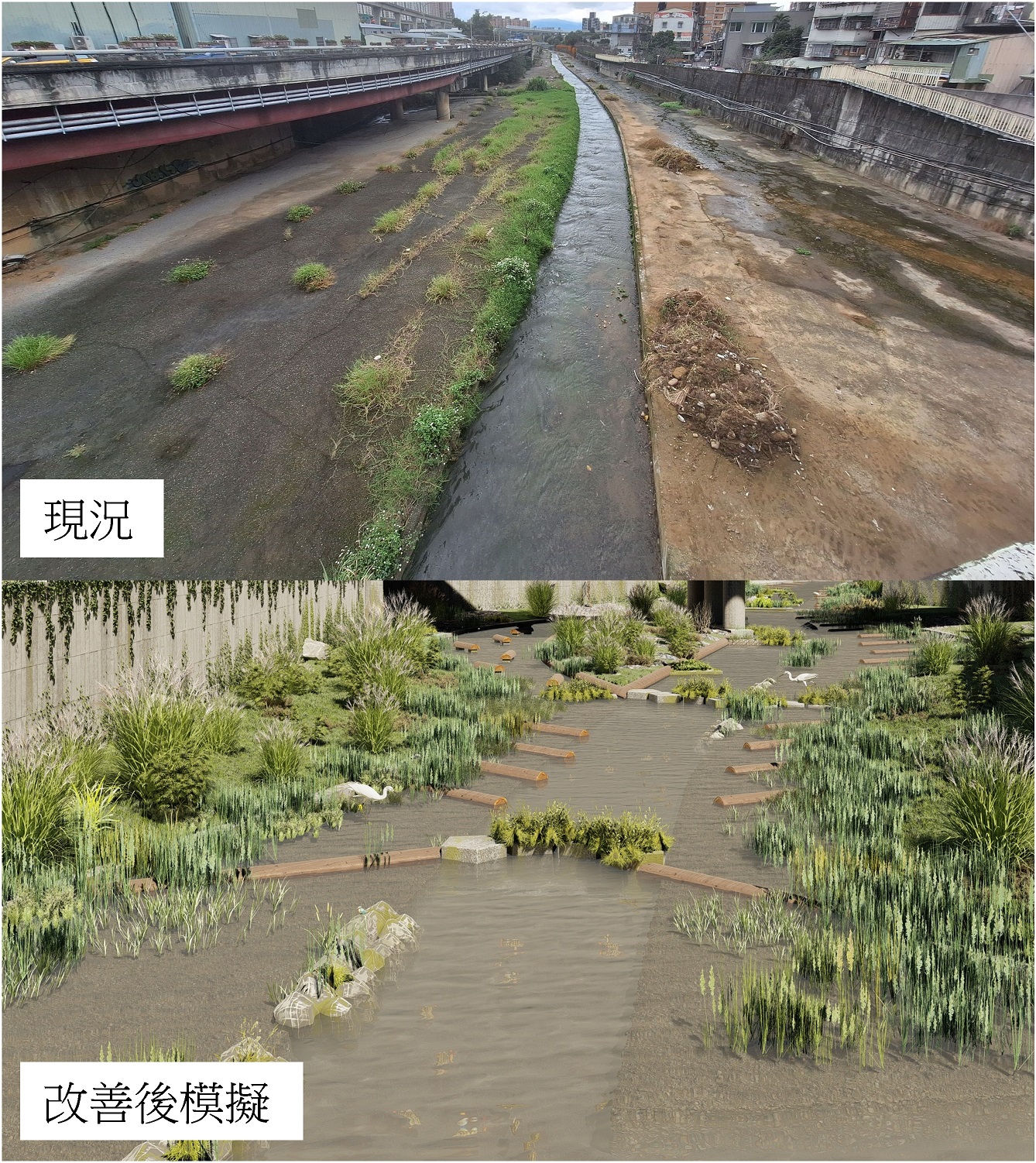 跳石調整水流方向並規劃中島陸域豐富水域生態(模擬圖)