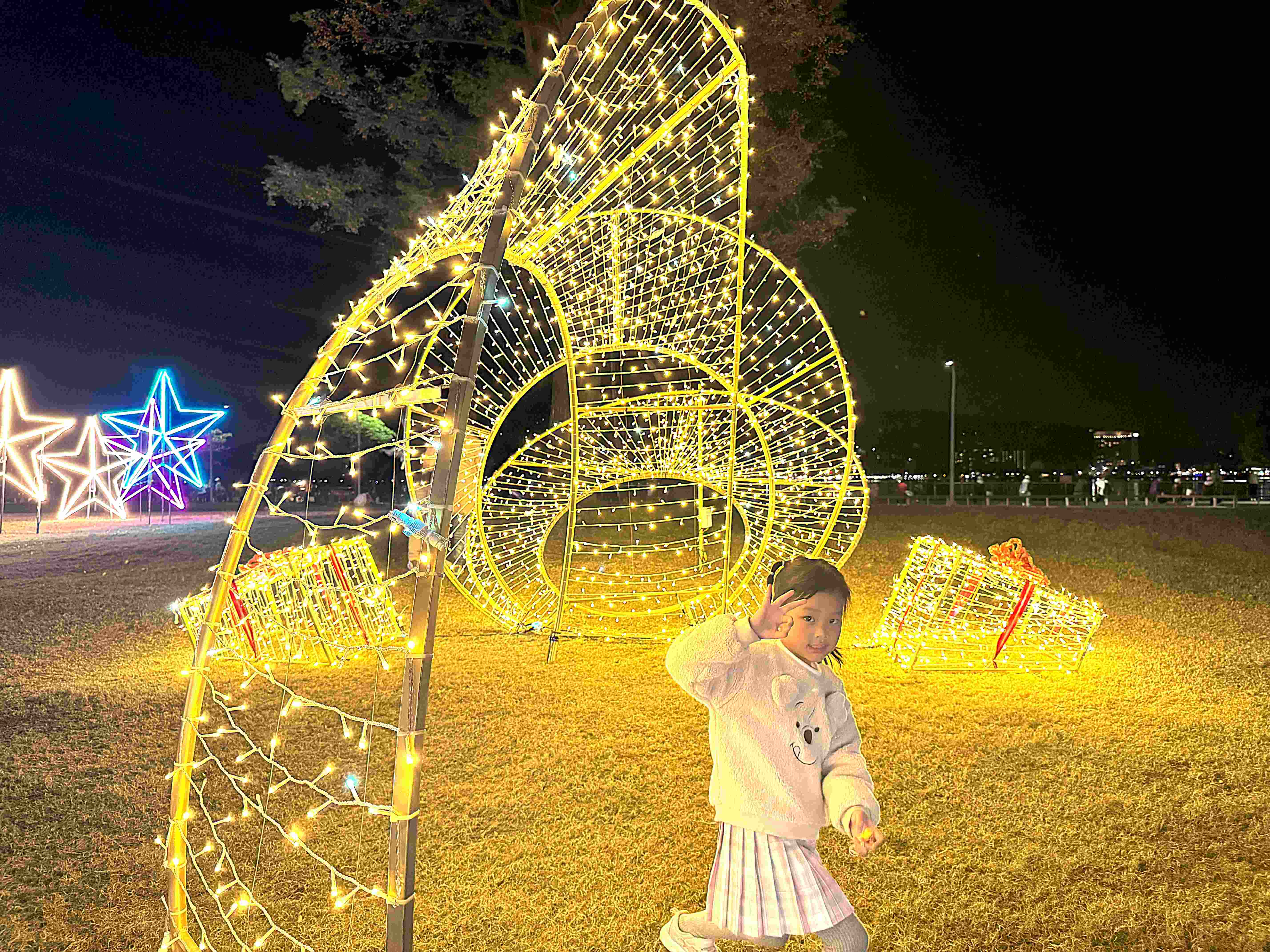 金色禮物緞帶光雕閃耀草地，勾勒浪漫冬夜