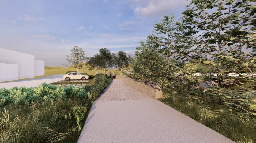 新設堤頂步道搭配原生植物，乘涼、散步及賞景一次滿足(模擬圖)