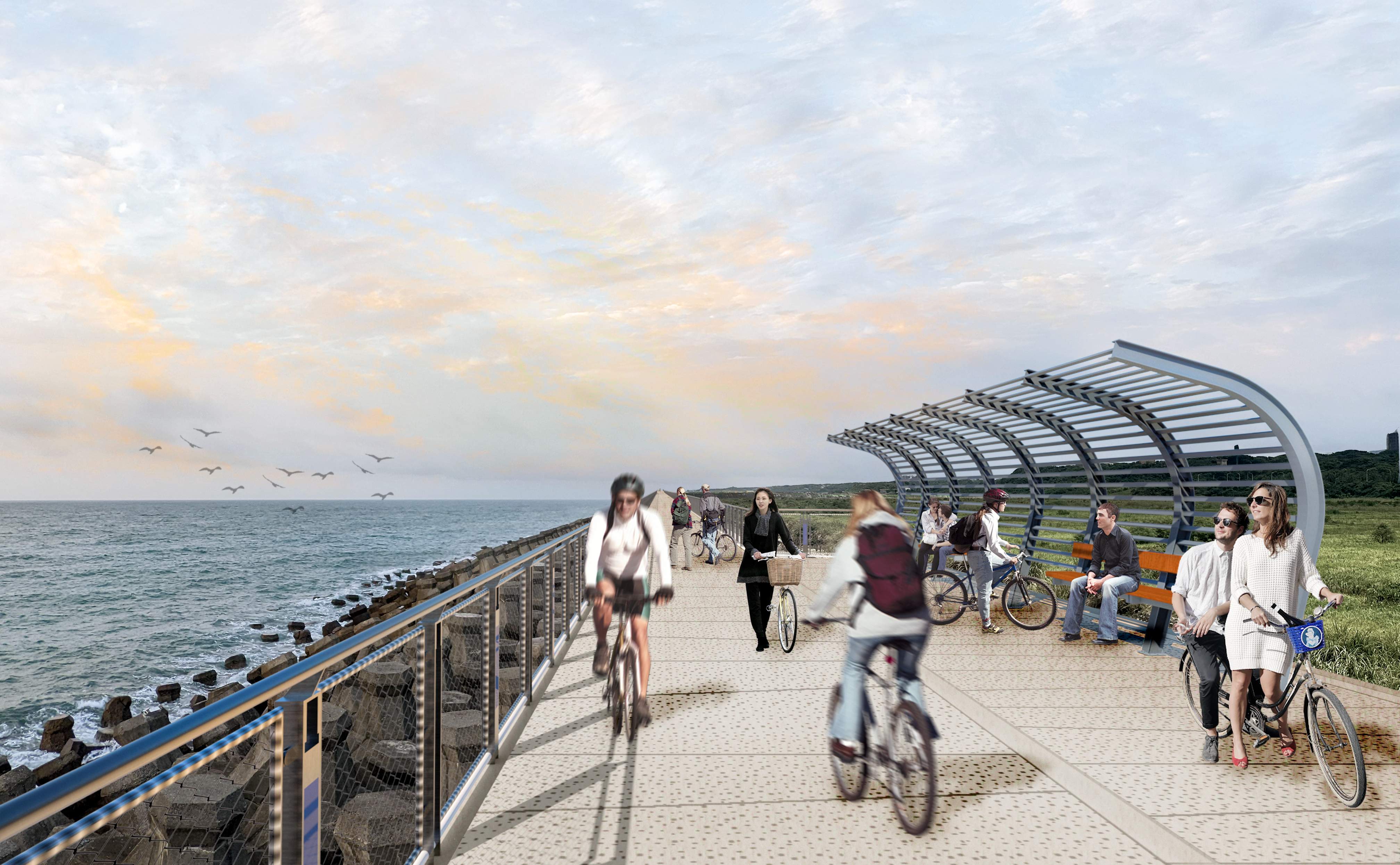  將打造堤頂自行車道，供半遮蔭且可遠眺海景的休憩節點(模擬圖)