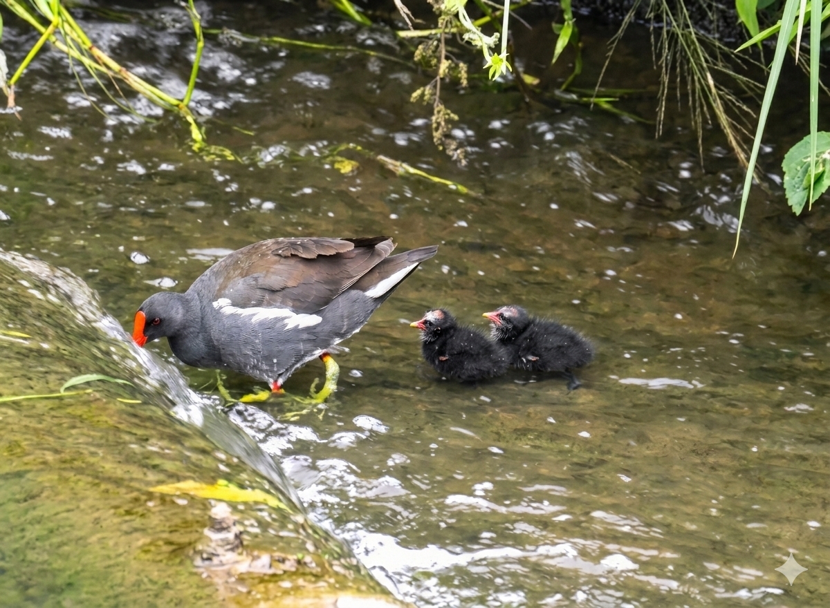 大窠坑溪水域完工後，吸引紅冠水雞棲息並在此復育下一代