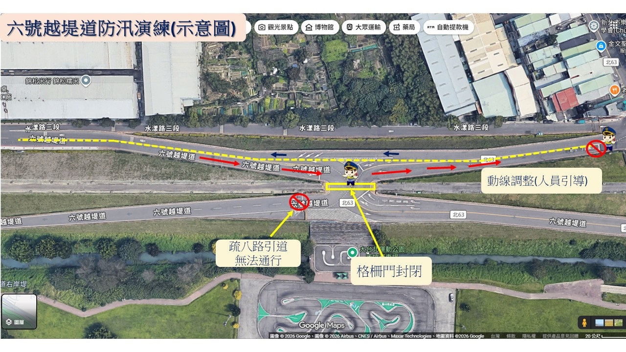 高灘處6號越堤道封閉演練位置
