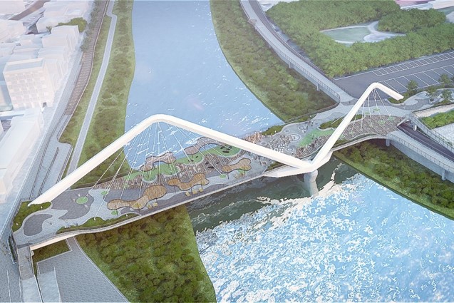 三峽河長福橋改建工程暨周邊環境營造-鳶山稜線不對稱斜索雙拱橋，配合水流曲線橋面