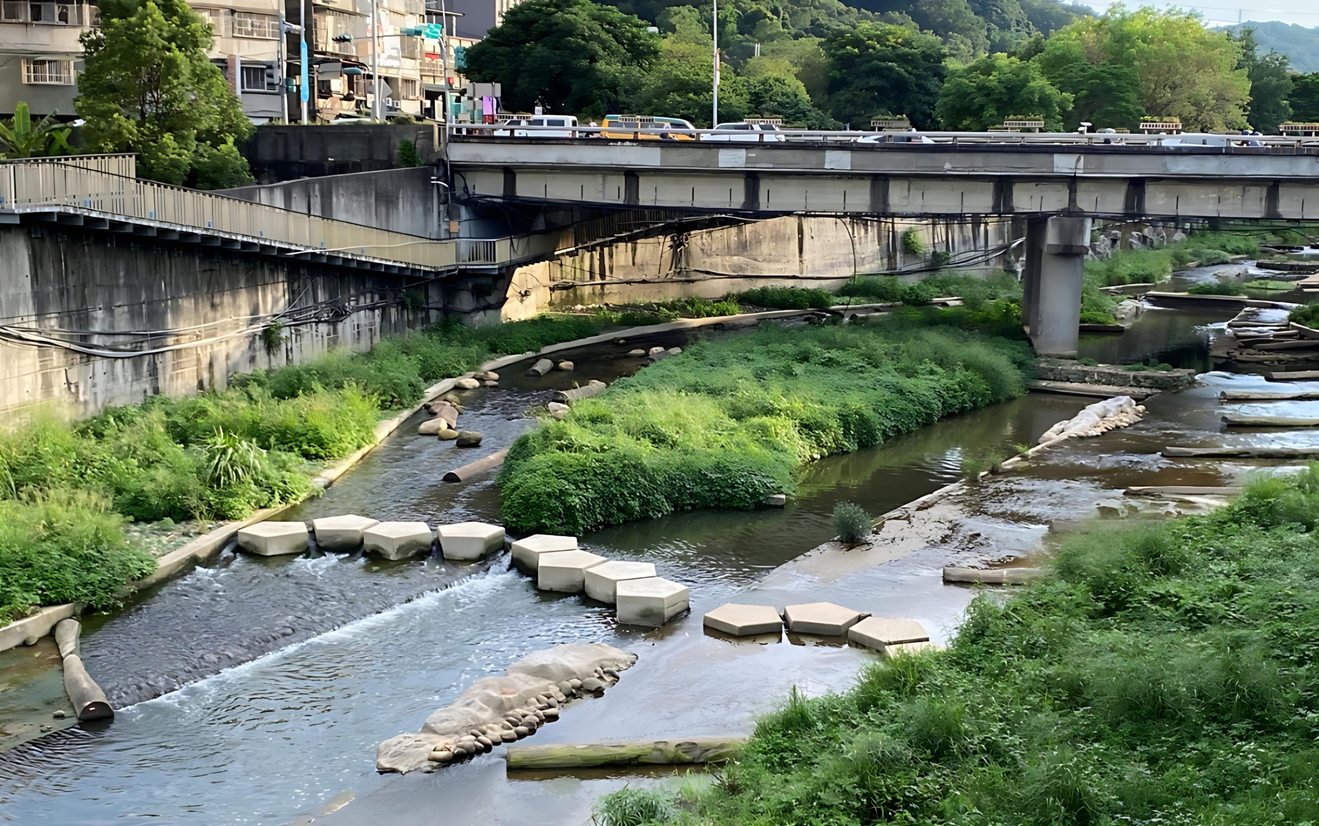 河川增設中島,除增加生物棲地外,也能提供多元水流環境
